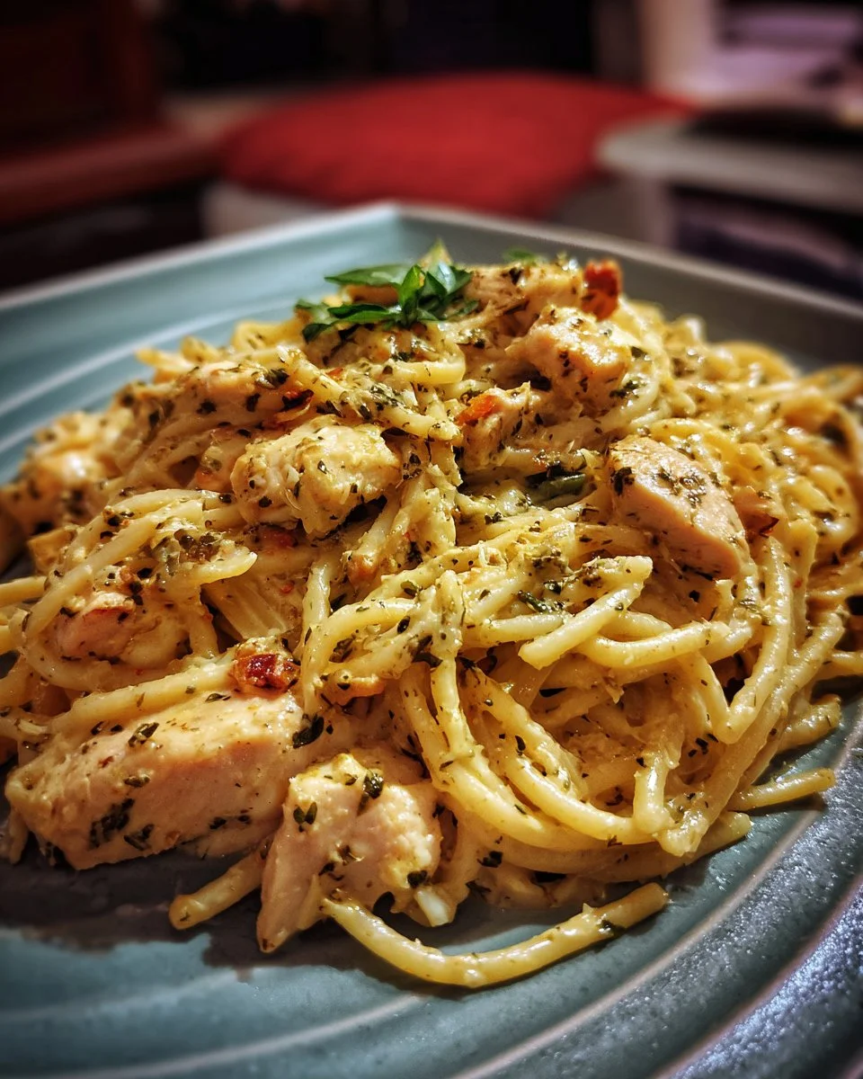 Delicious Chicken Carbonara Pasta served with a creamy sauce and herbs
