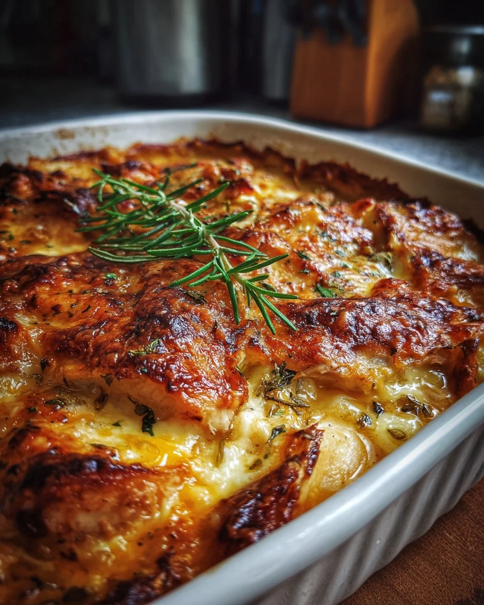 Delicious chicken casserole served in a baking dish