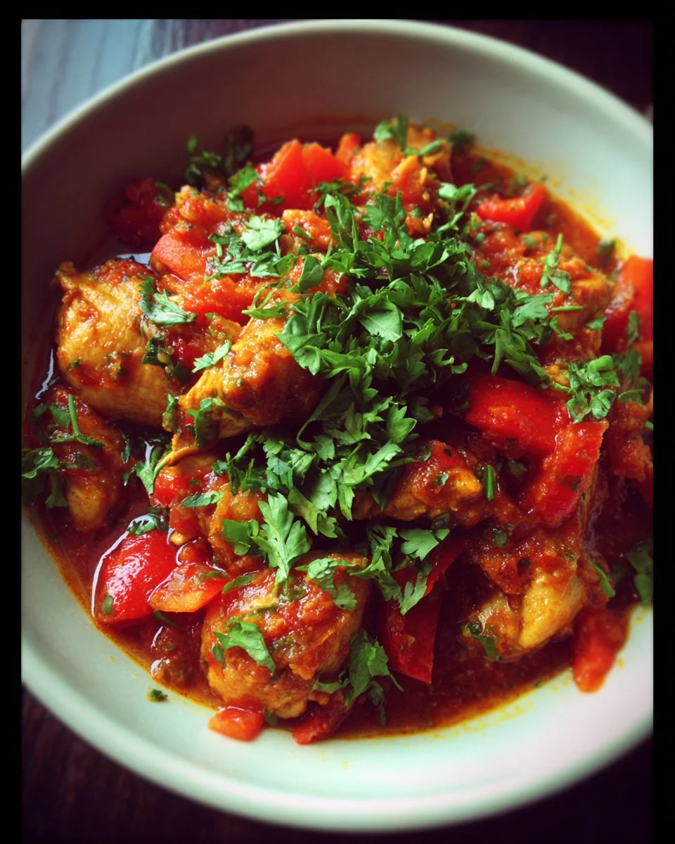 Delicious Chicken Chilli dish garnished with fresh herbs and chili peppers
