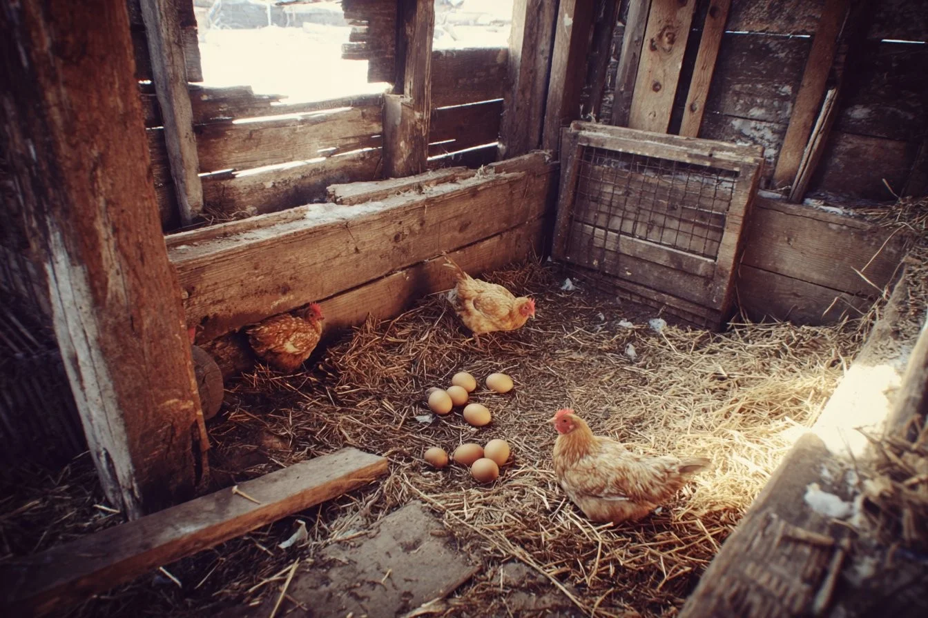 Illustration of an efficient chicken coop layout inside for optimal chicken care.