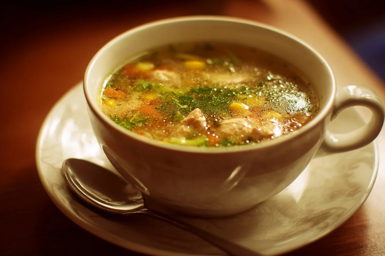 Bowl of homemade Chicken Corn Soup with fresh herbs and corn kernels