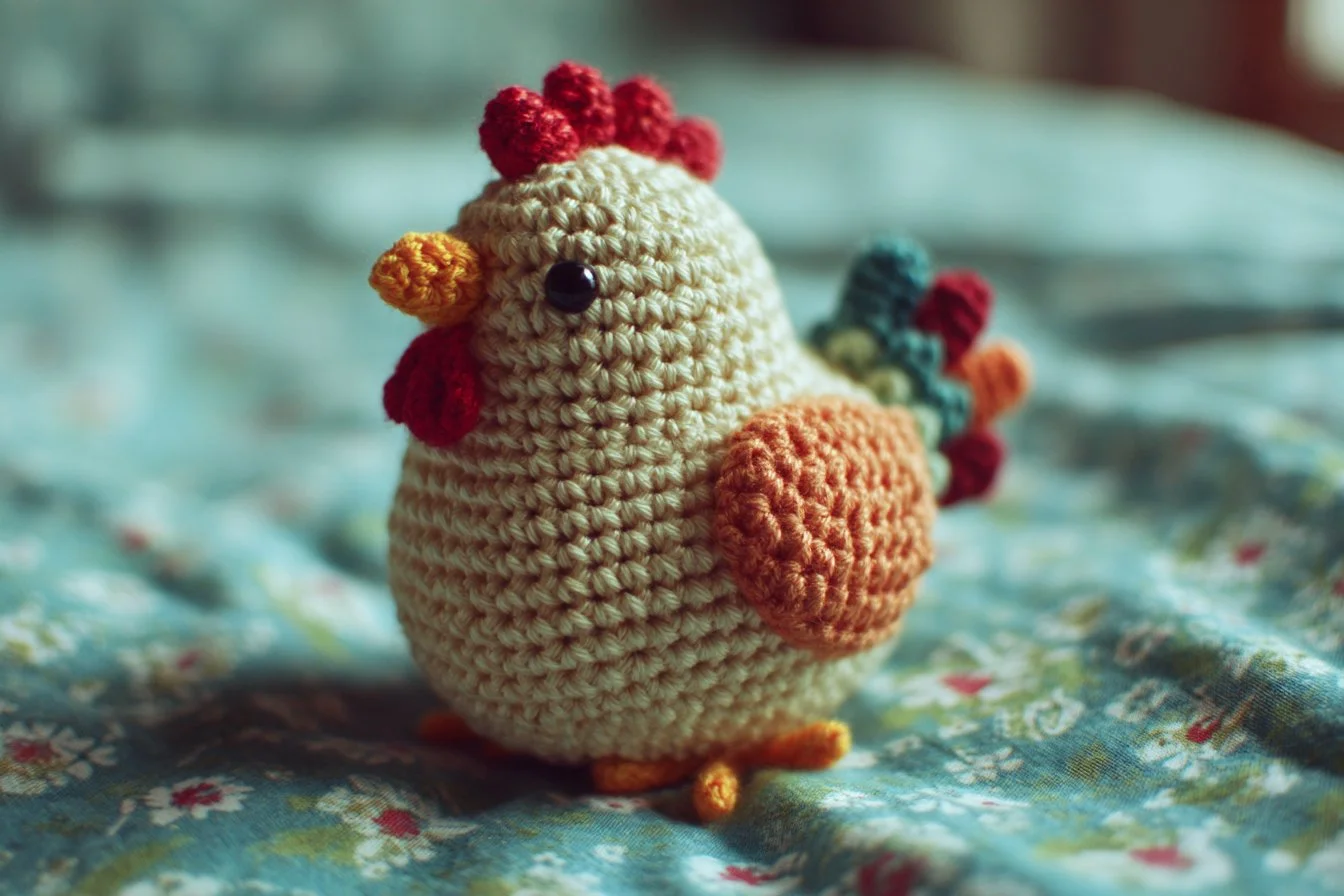 Colorful chicken crochet pattern showcasing detailed craftsmanship