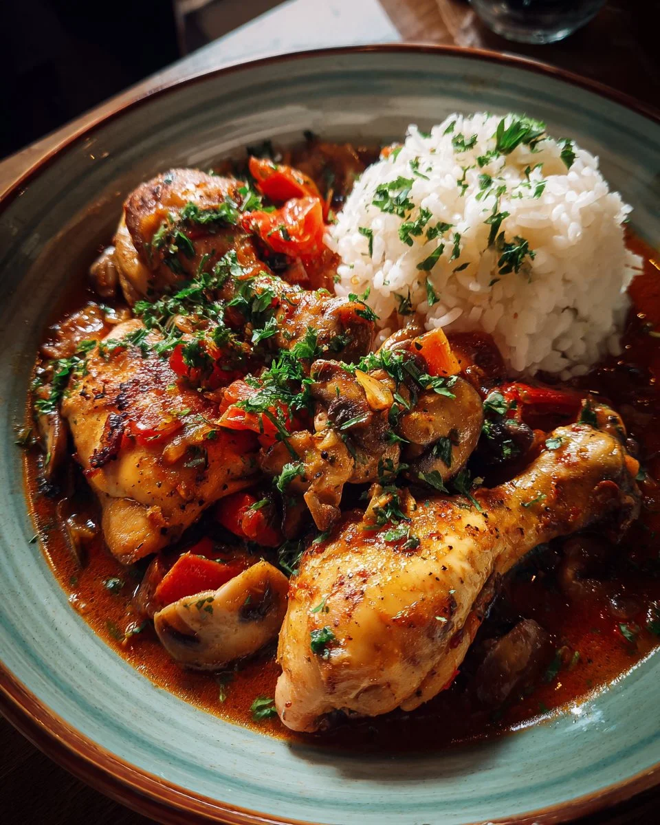 Delicious homemade chicken dish garnished with fresh herbs.