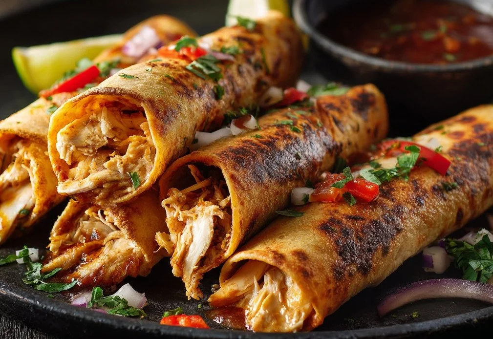 Plate of crispy Chicken Flautas served with salsa and avocado.