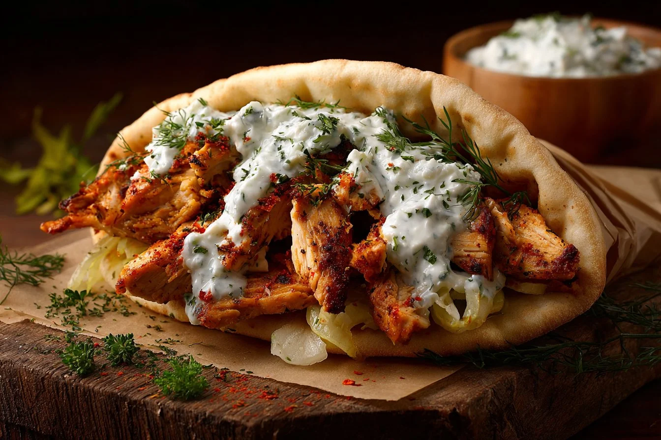 Plate of Chicken Gyros served with Tzatziki Sauce and fresh vegetables