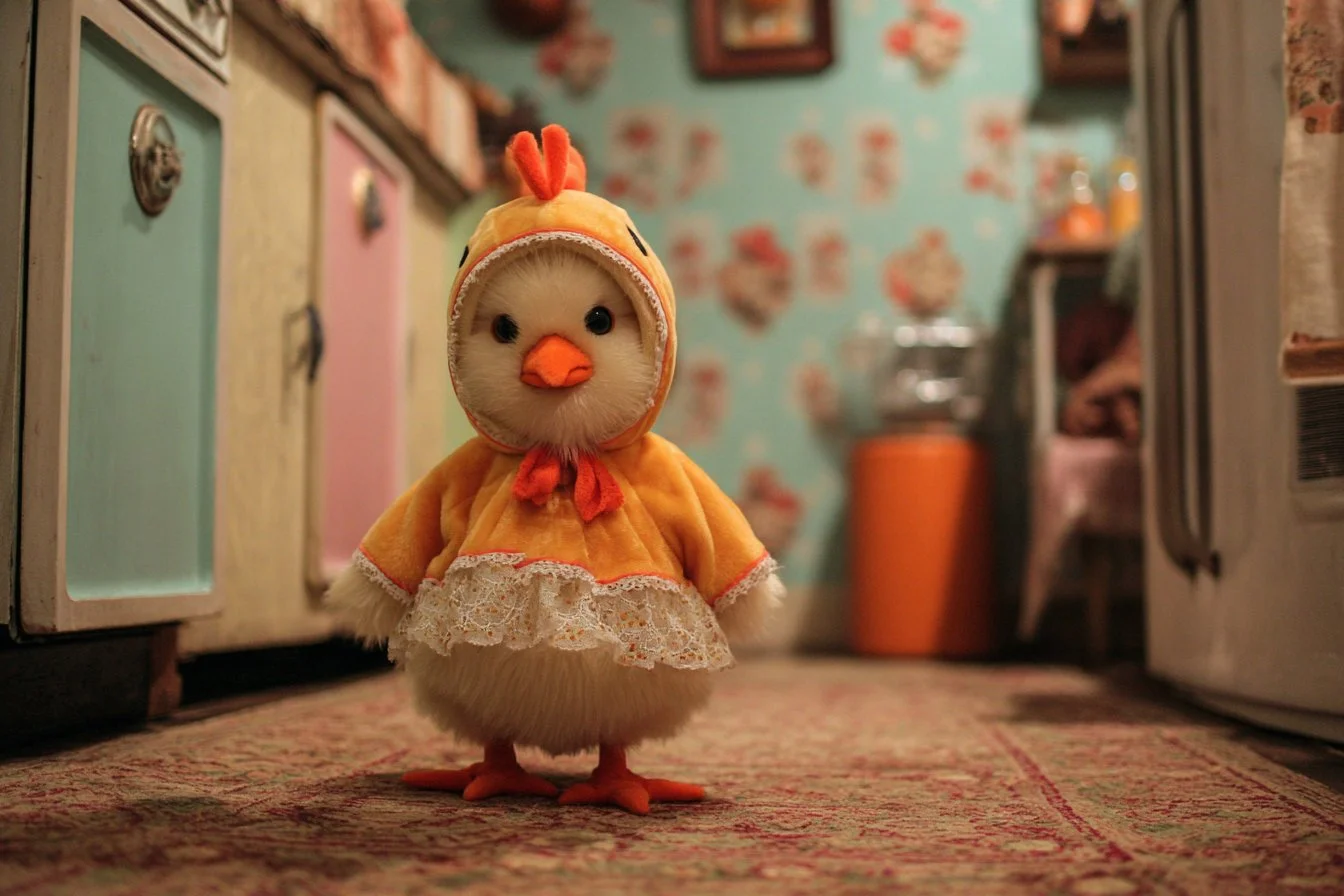 Child wearing a chicken little costume for Halloween or themed party.