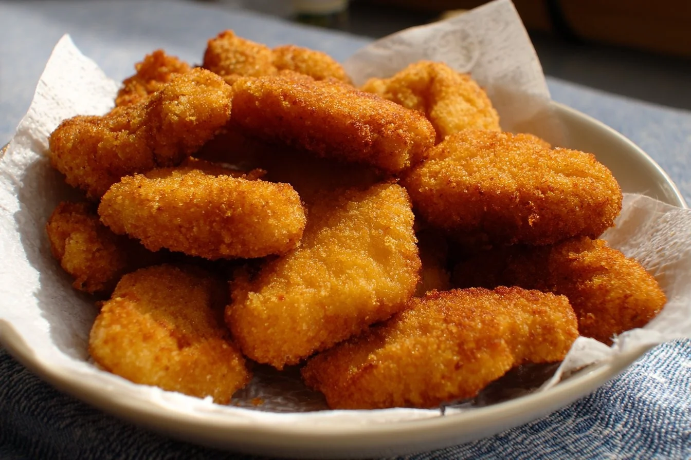 Golden-brown chicken nuggets served with dipping sauce on a plate.