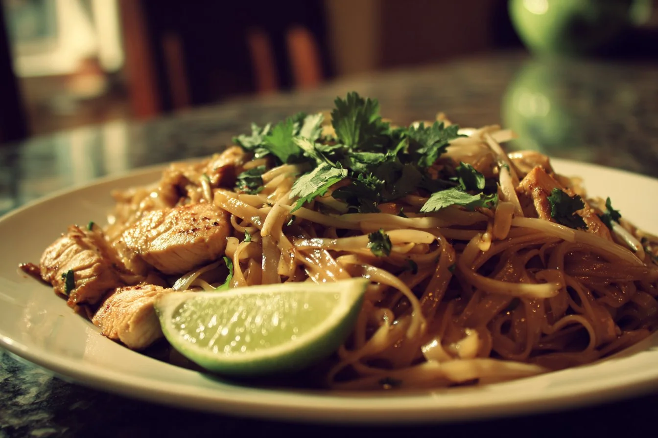 Delicious Chicken Pad Thai with fresh vegetables and peanuts