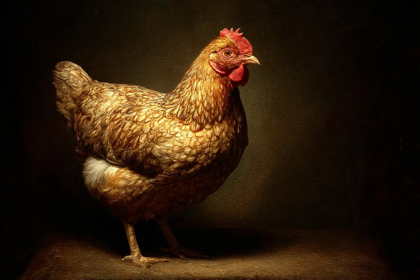 Vibrant chicken painting showcasing artistic creativity and charm.