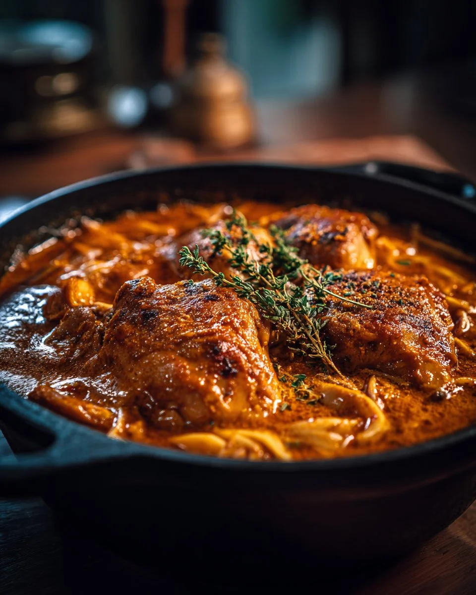 Delicious Chicken Paprikash served with creamy sauce and garnished with parsley