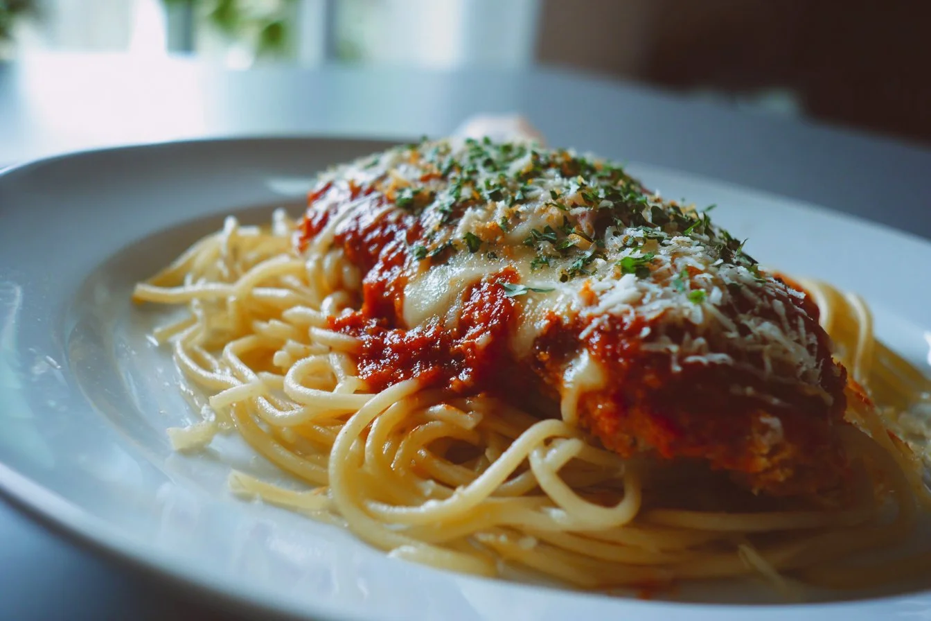 Chicken Parmesan Pasta dish with golden chicken and marinara sauce