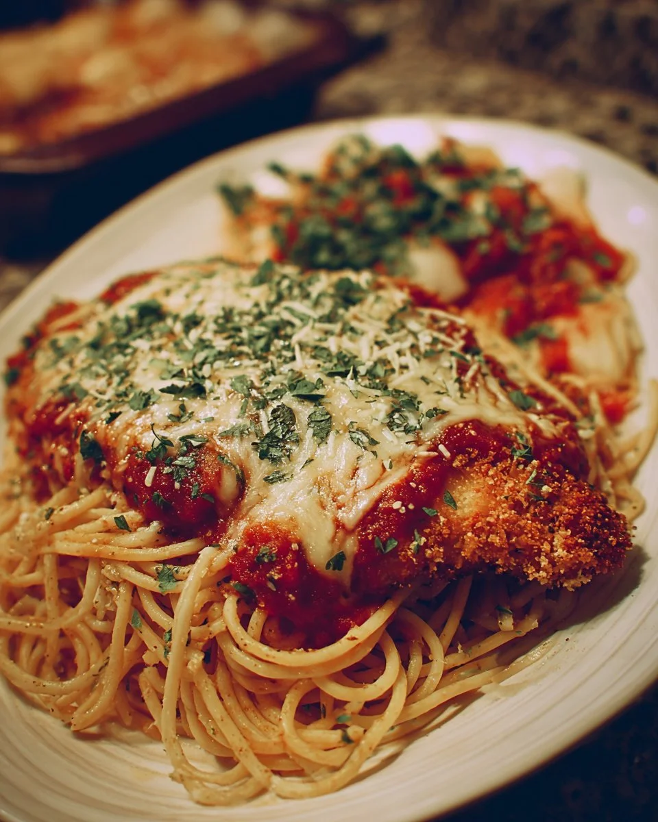 Delicious Chicken Parmigiana topped with marinara sauce and melted cheese