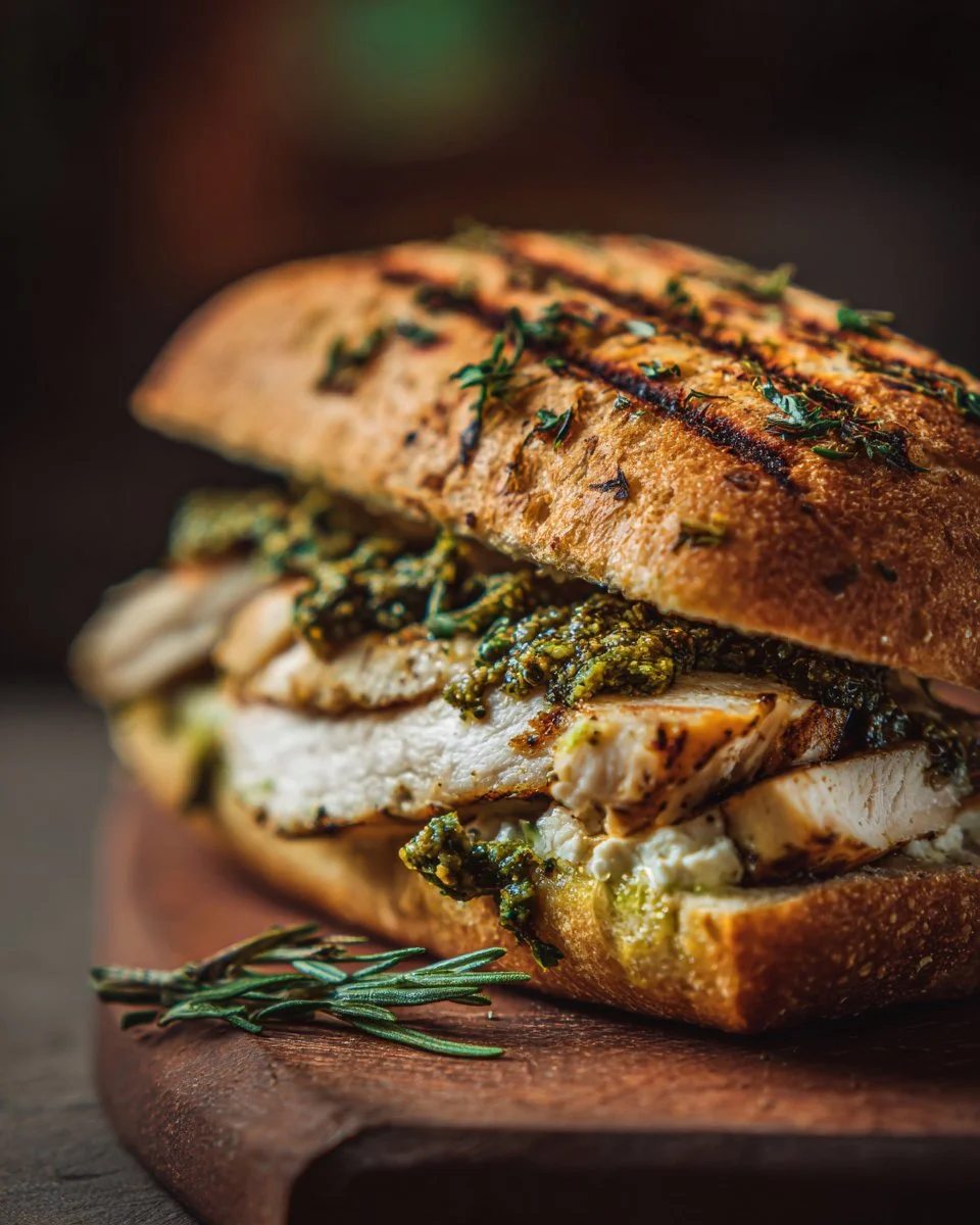 Delicious Chicken Pesto Sandwich with grilled chicken, pesto, and fresh vegetables
