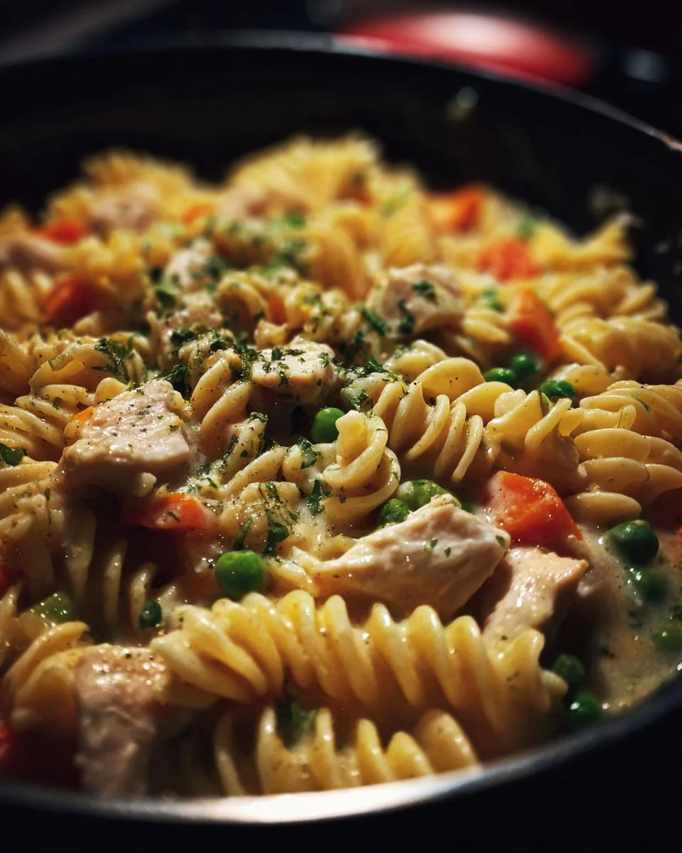Delicious Chicken Pot Pie Pasta served in a bowl on a rustic table.