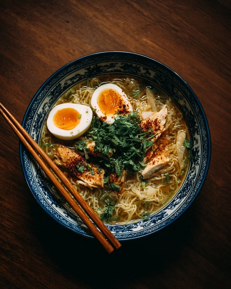 Delicious Chicken Ramen Noodles served in a bowl with toppings