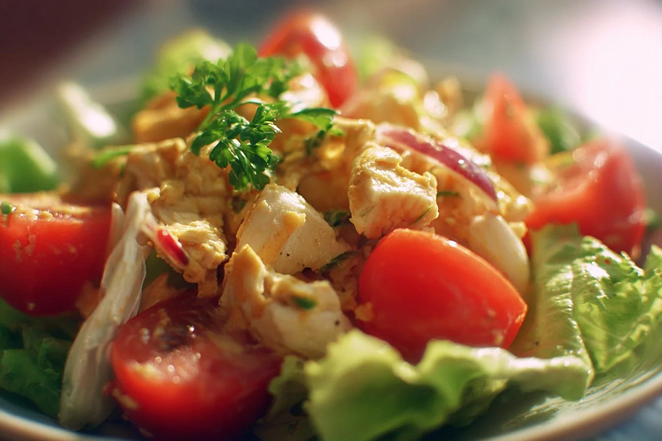 Delicious homemade chicken salad with fresh vegetables and herbs