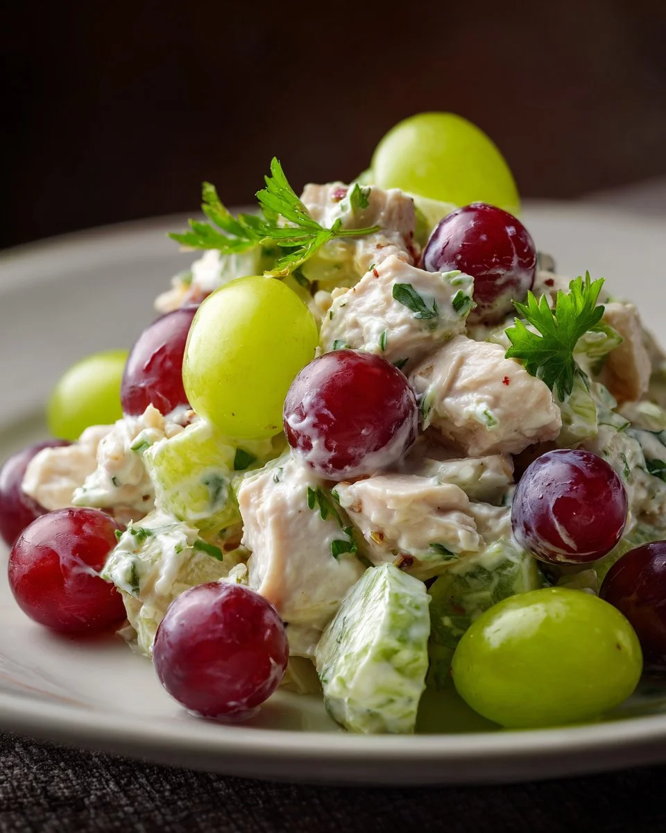 Delicious chicken salad with grapes served in a bowl