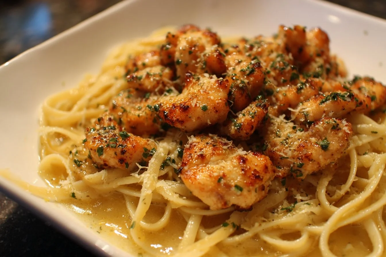 Delicious Chicken Scampi served with herbs and pasta in a garlic butter sauce.