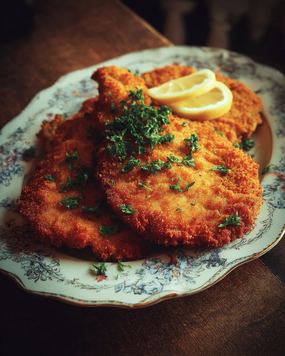 Delicious Chicken Schnitzel served with herbs and lemon slices