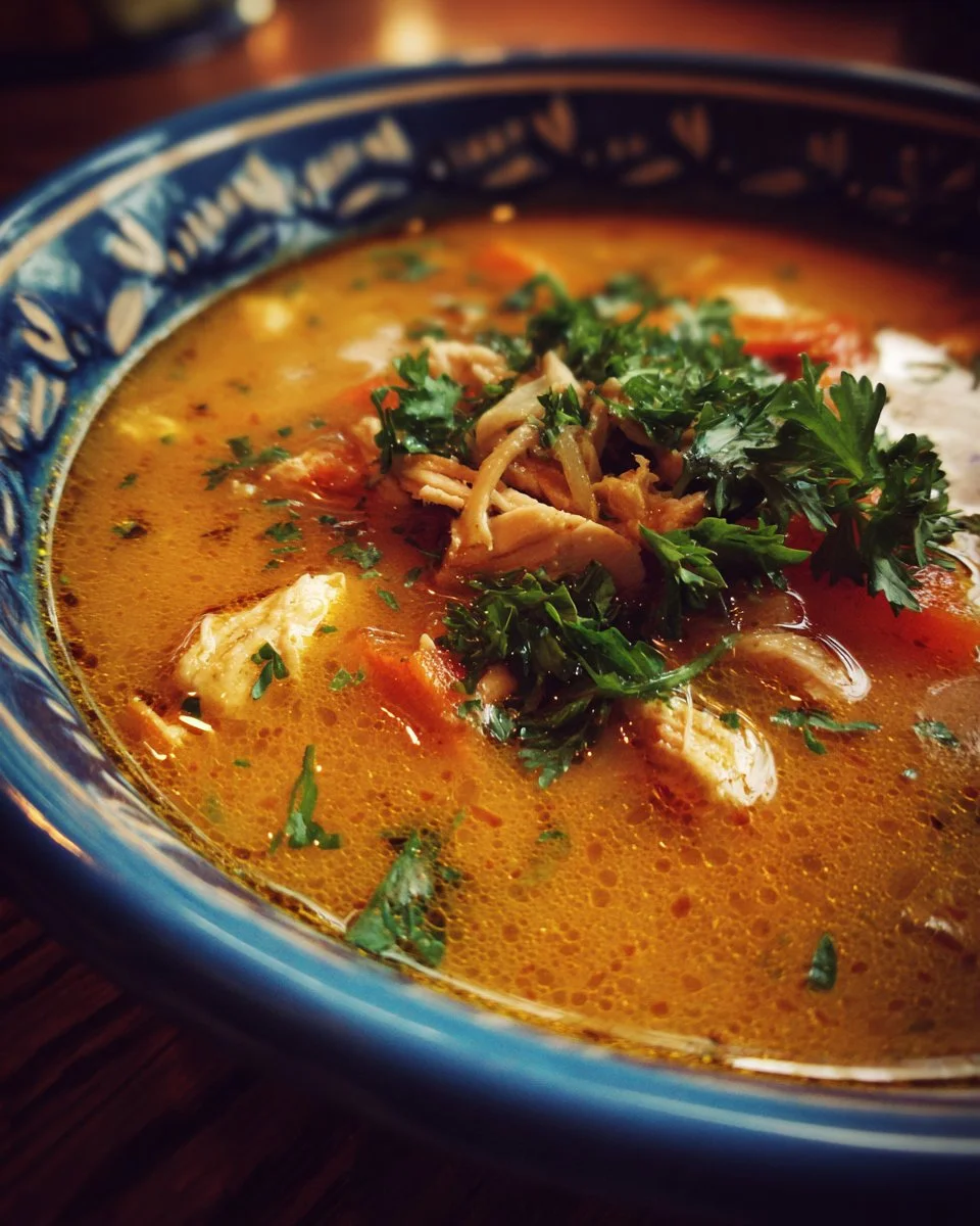 Bowl of homemade chicken soup with vegetables and herbs