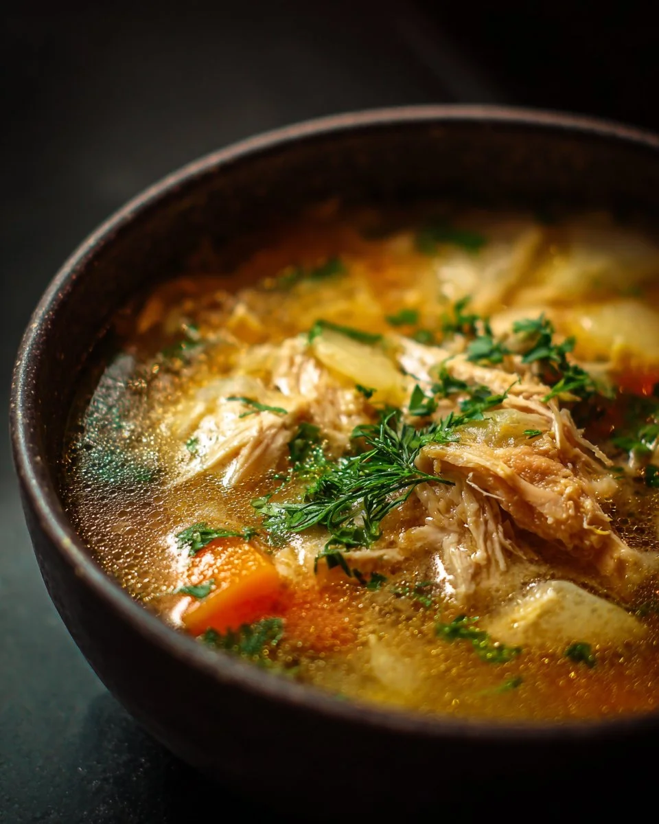 A bowl of homemade Chicken Soup with fresh herbs and vegetables