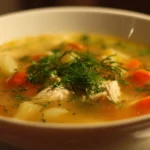 Bowl of delicious homemade Chicken Soup garnished with herbs