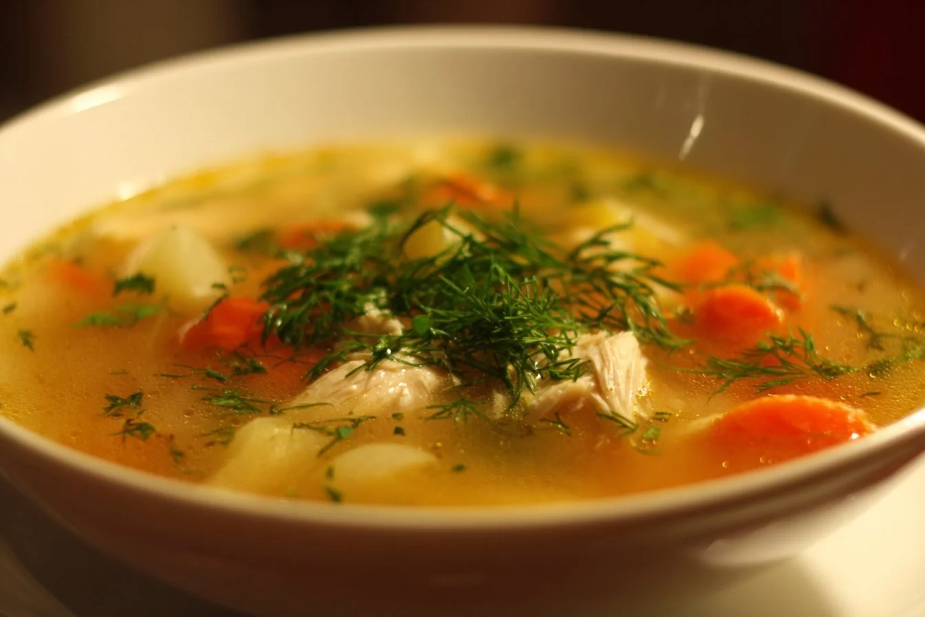 Bowl of delicious homemade Chicken Soup garnished with herbs