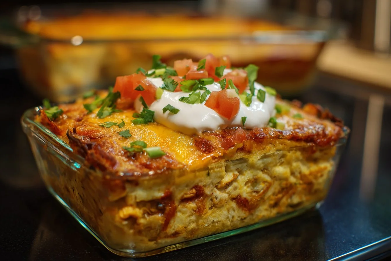 Delicious chicken taco casserole served with fresh toppings