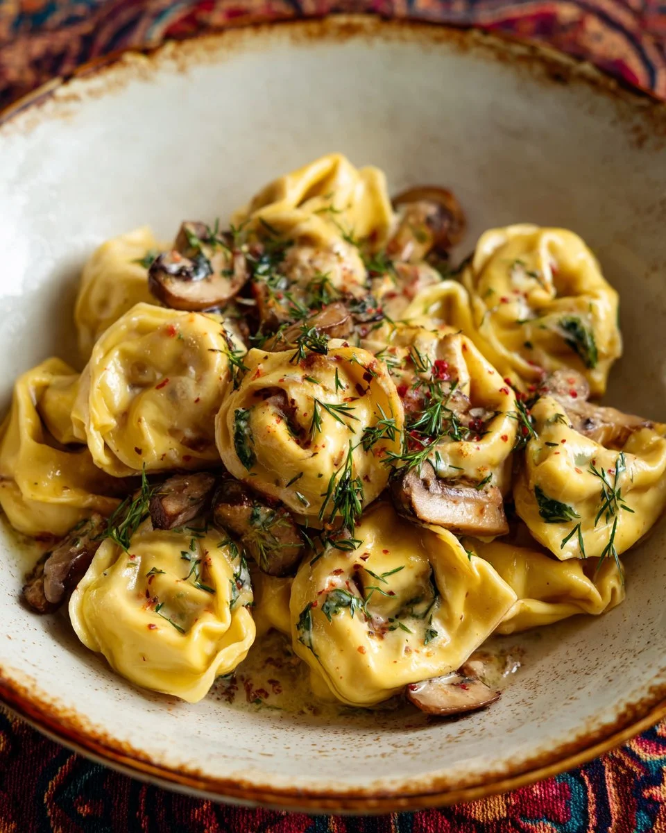 Homemade Chicken Tortellini served in a bowl with fresh herbs