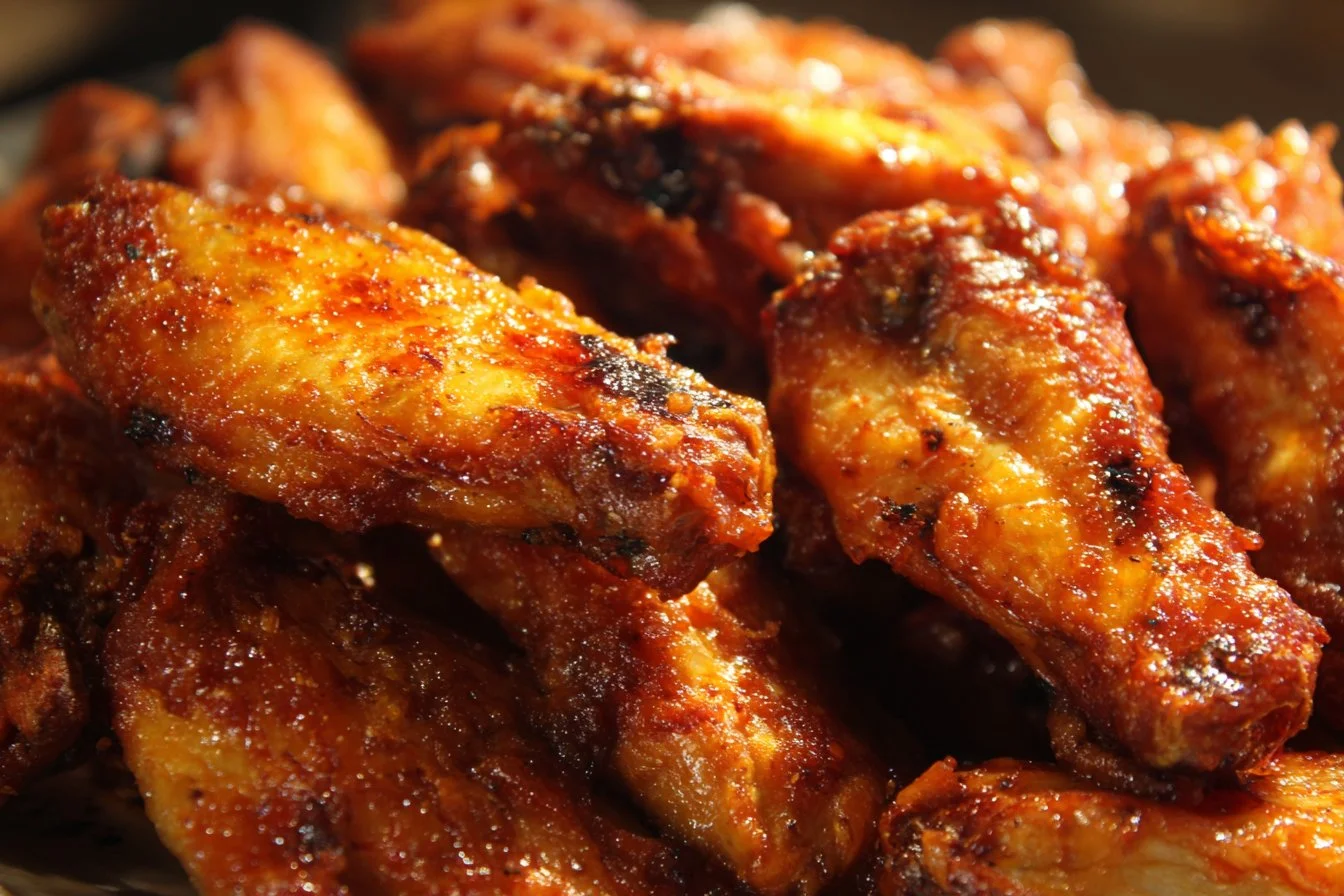 A plate of delicious chicken wings with various sauces and garnishes