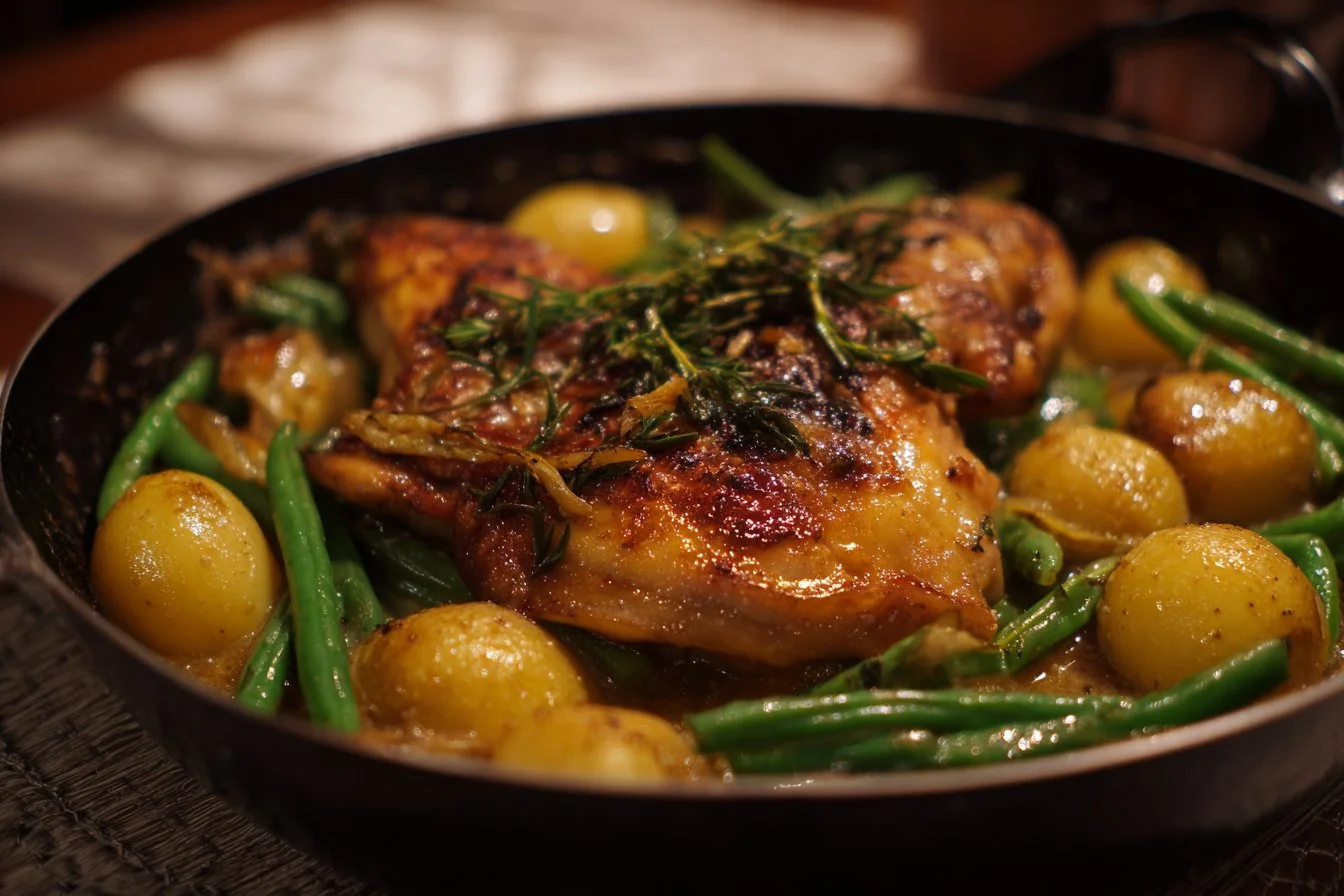 Plate of Chicken with Green Beans and Potatoes garnished with herbs