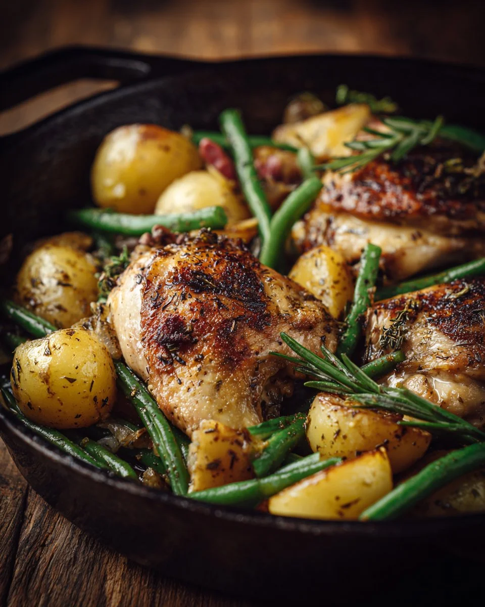 Chicken with Potatoes and Green Beans dish served on a plate