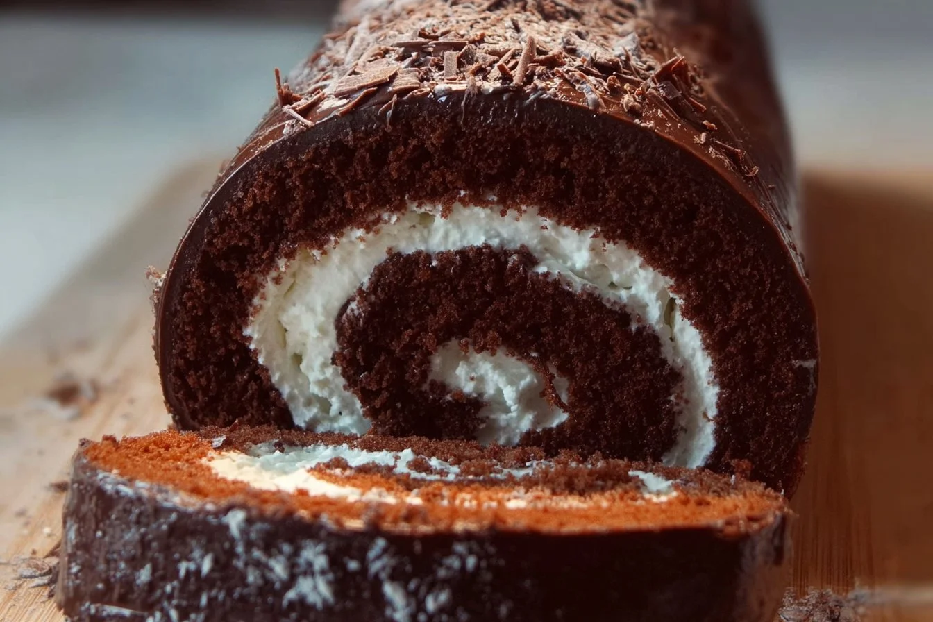 Delicious chocolate cake roll dessert on a plate with cocoa powder decoration
