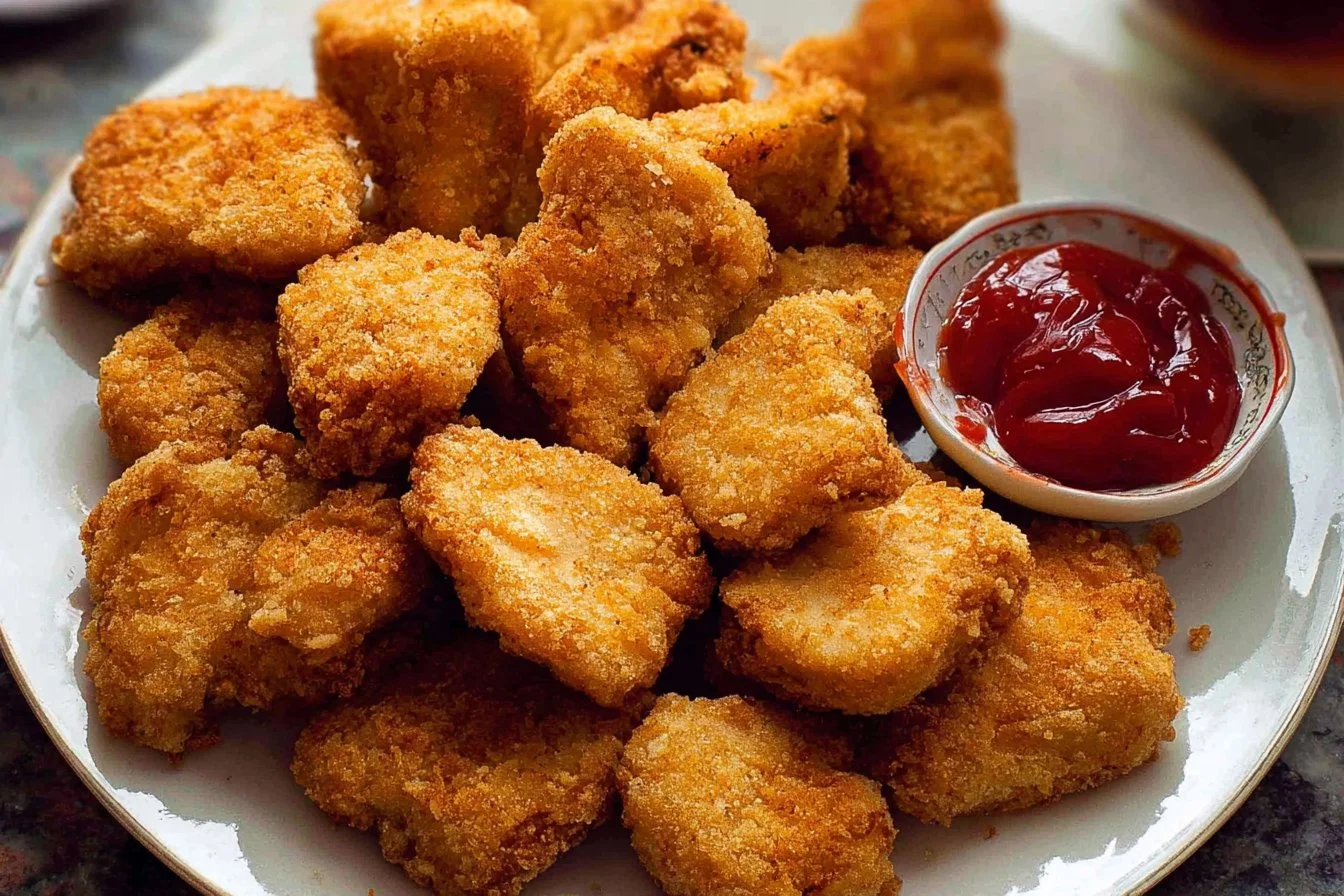 Delicious classic chicken nuggets served with dipping sauce