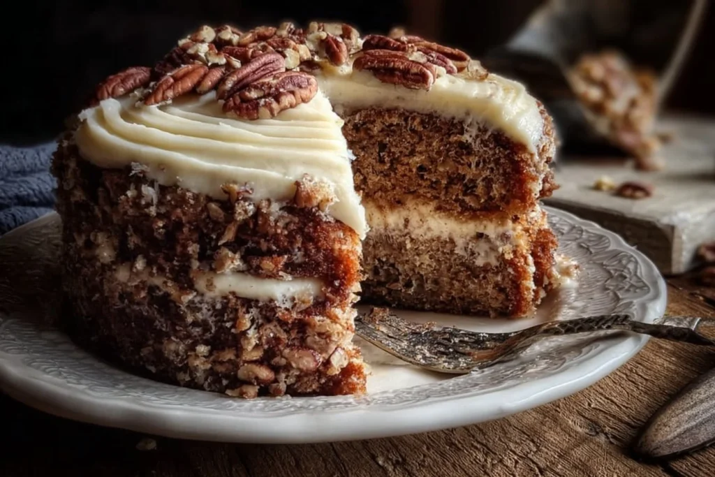 Classic old-fashioned hummingbird cake with cream cheese frosting and fruit toppings.