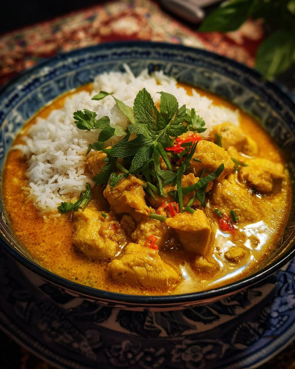 Delicious Coconut Chicken Curry served in a bowl with fresh cilantro garnish.