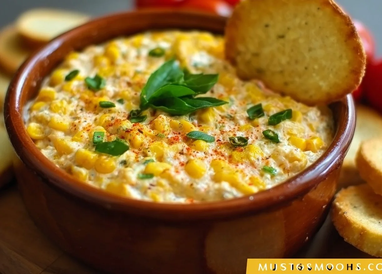 Delicious and creamy corn dip served in a bowl with chips and fresh herbs