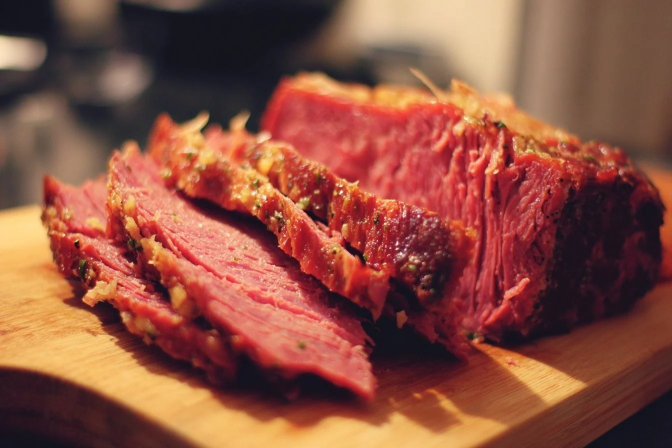 Delicious cooked corned beef served with cabbage and potatoes