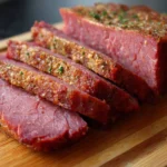 Delicious plate of corned beef served with vegetables and mustard