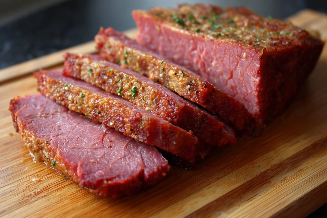 Delicious plate of corned beef served with vegetables and mustard