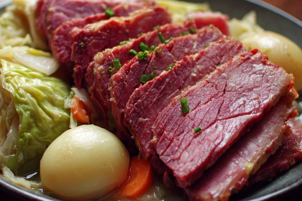 Plate of delicious corned beef and cabbage served with potatoes