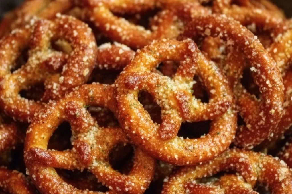 Bowl of crazy good seasoned pretzels with herbs and spices