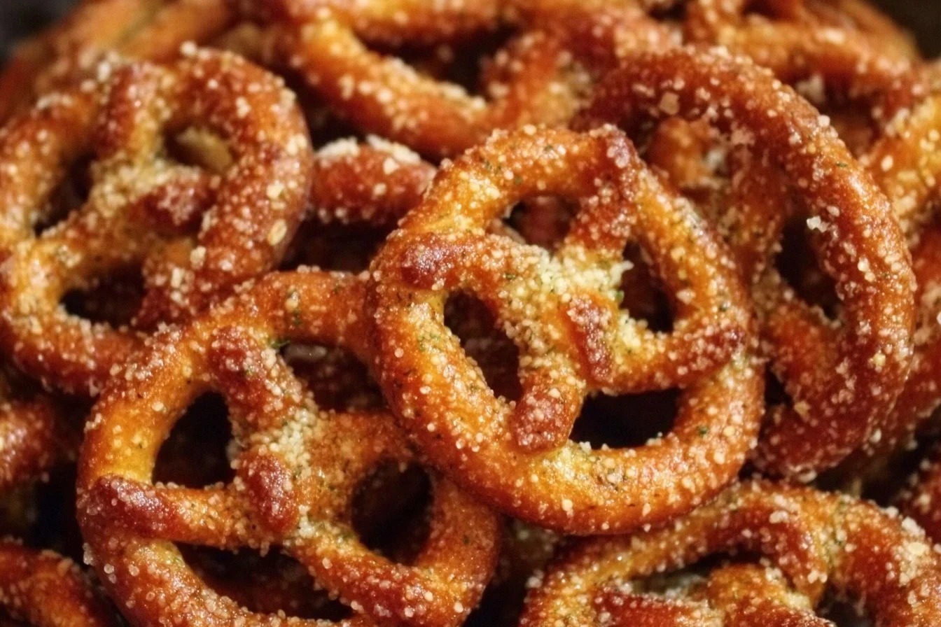 Bowl of crazy good seasoned pretzels with herbs and spices