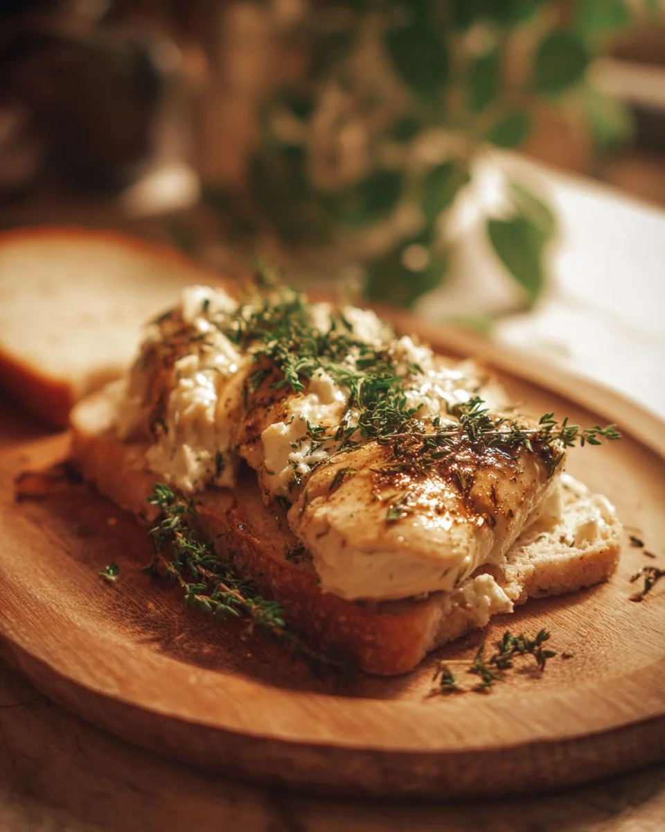 Cream cheese chicken dish garnished with herbs and spices