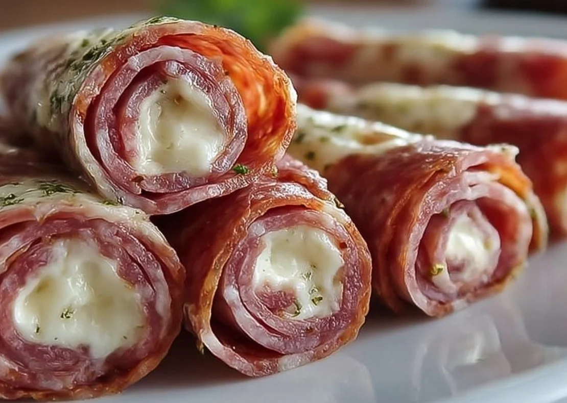 Cream cheese salami roll ups appetizer on a plate