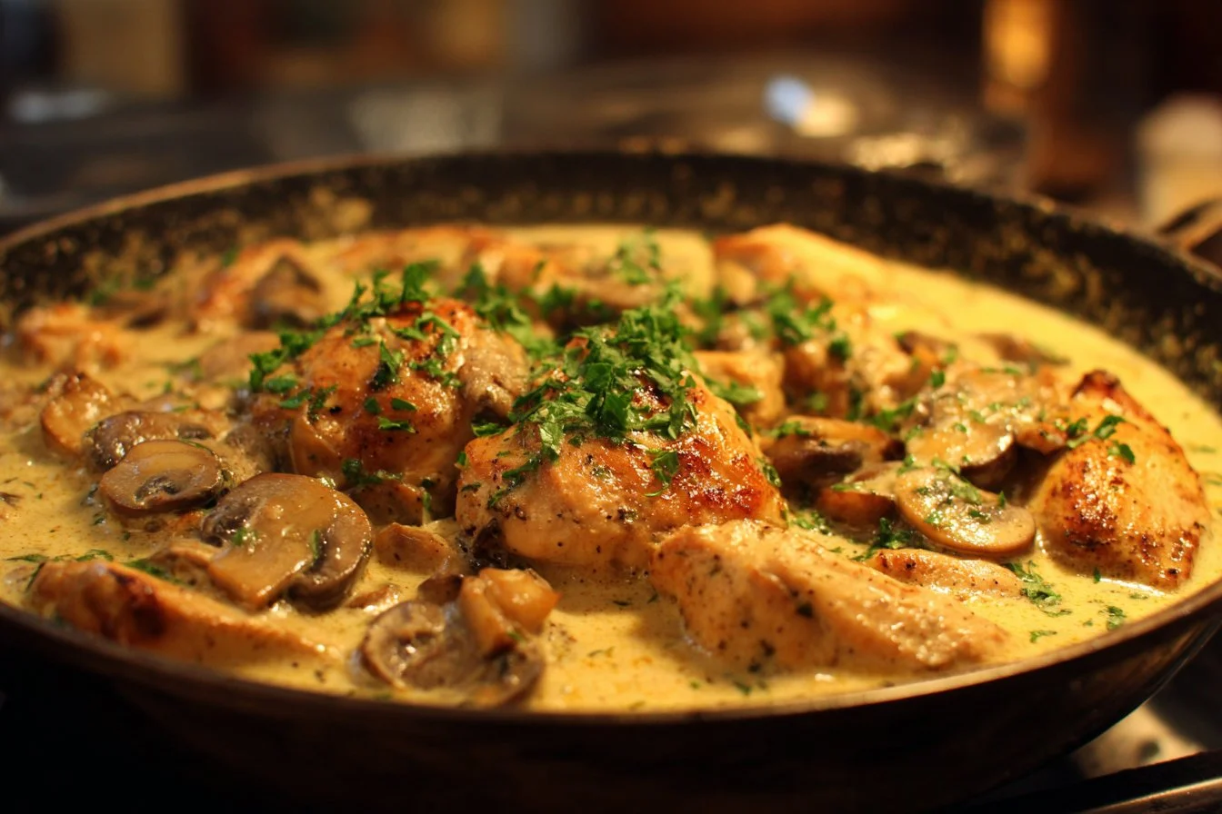 Creamy mushroom chicken served on a plate with delicious sauce and herbs.