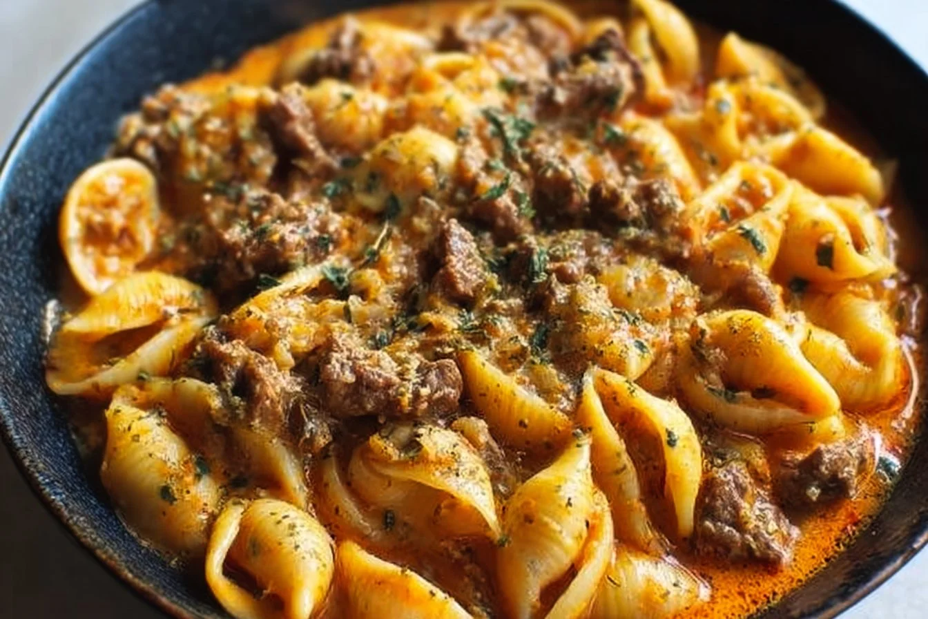 Creamy beef and shells dish served in a bowl with herbs and cheese on top.