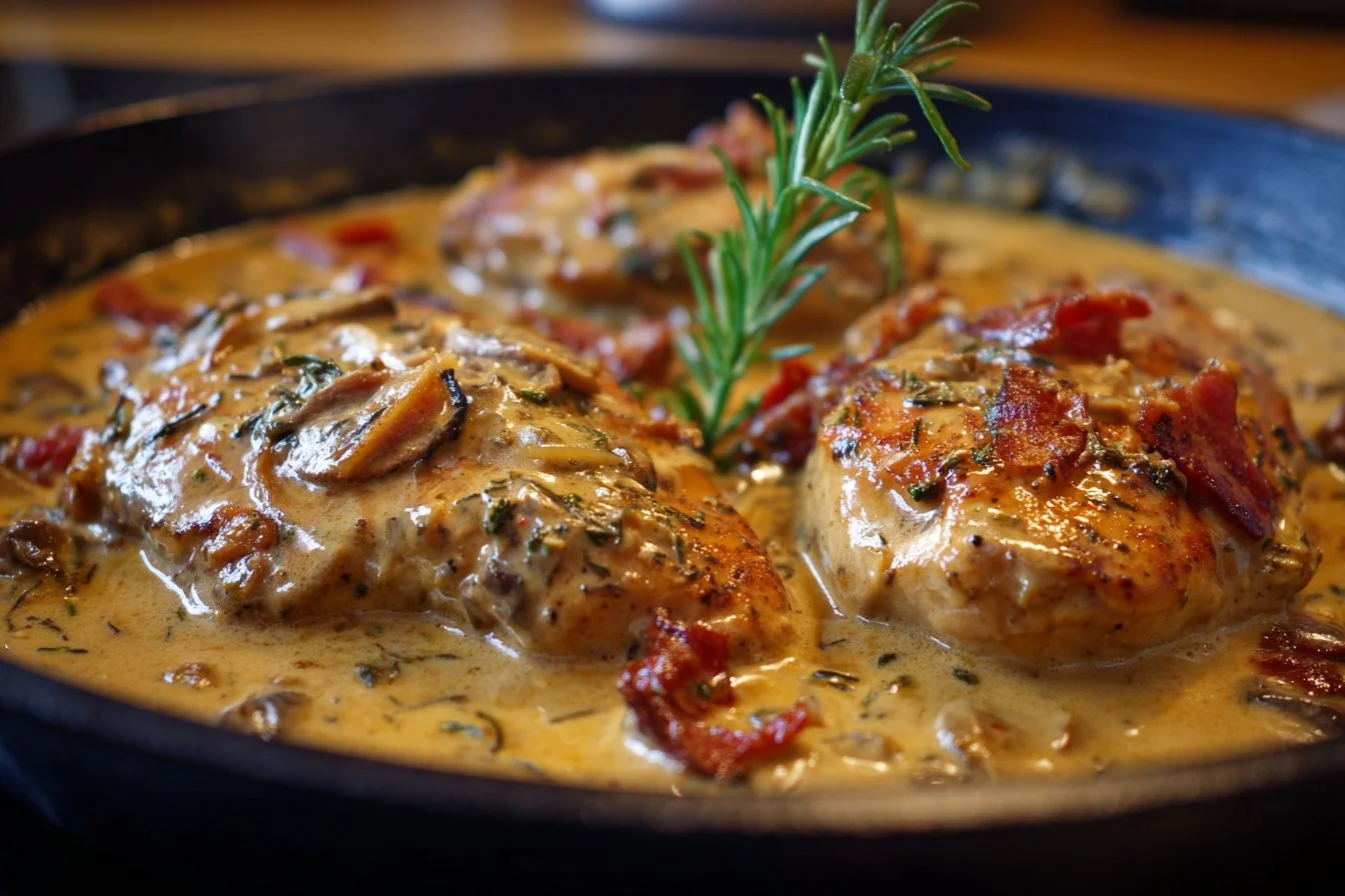 Delicious plate of creamy Tuscan chicken with spinach and sun-dried tomatoes