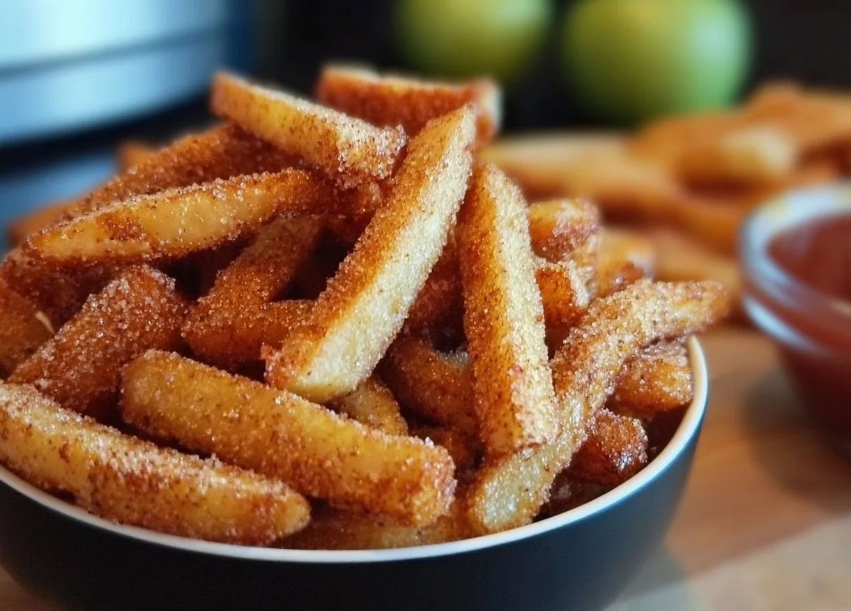 Crispy air fryer apple fries served on a plate with a cinnamon dip