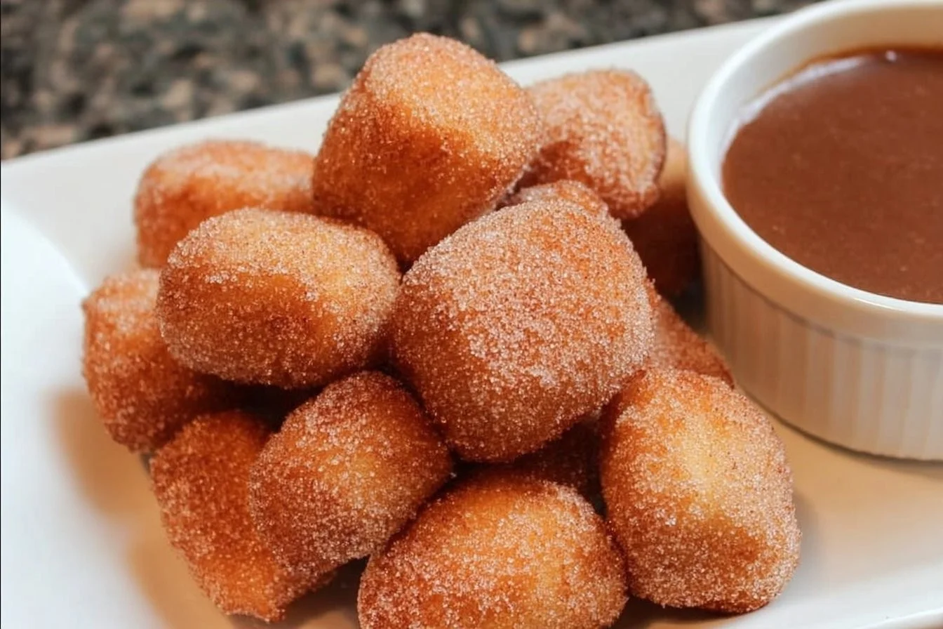 Crispy air fryer churro bites served in a bowl with cinnamon sugar.